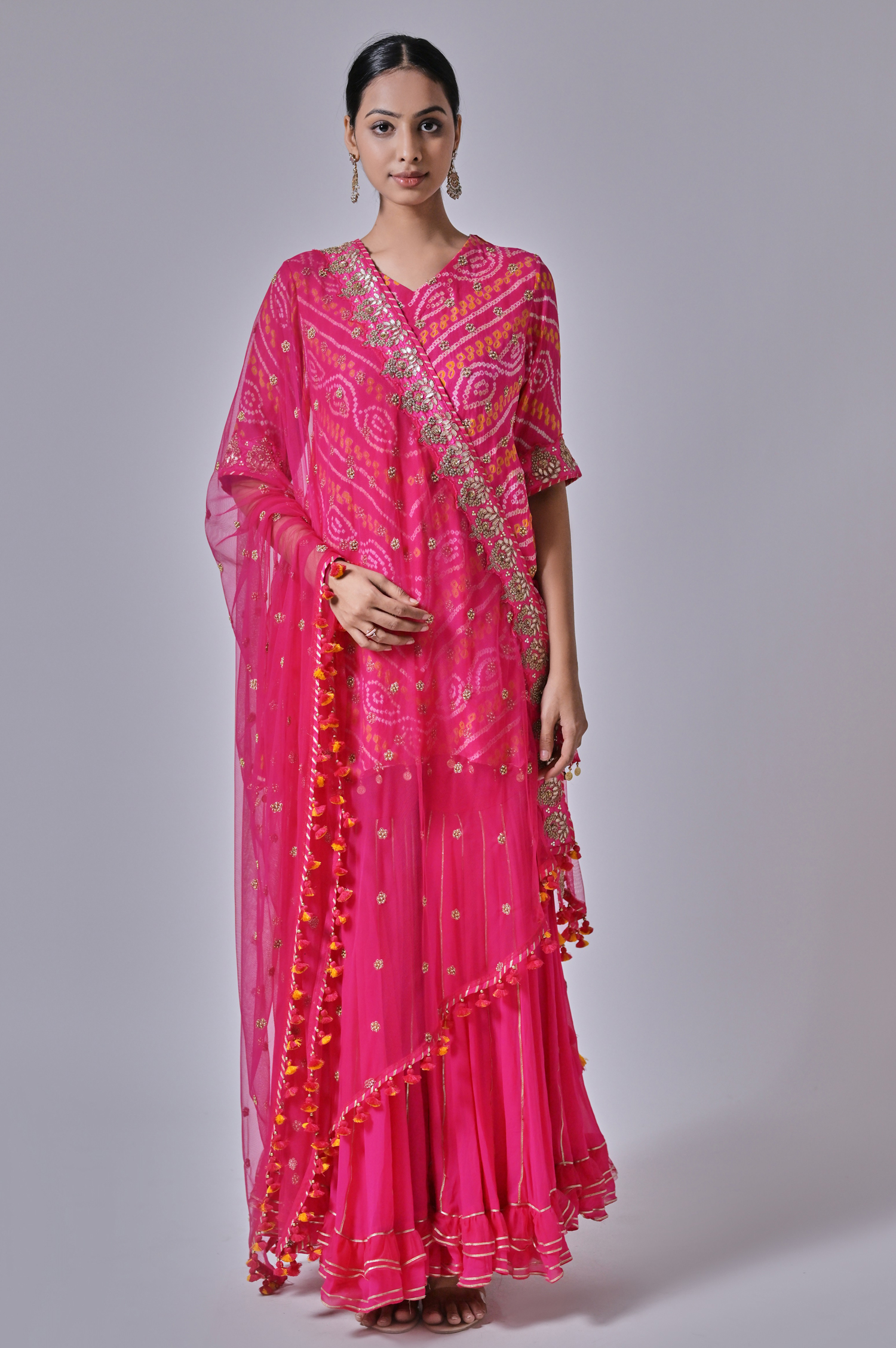 Georgette Rani Pink Bandhani Printed Sharara Suit